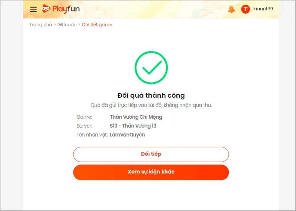 Đổi code Thần Vương Chi Mộng thành công