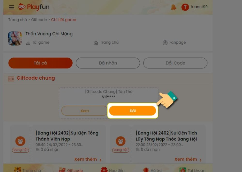 Chọn Đổi để quy đổi Giftcode