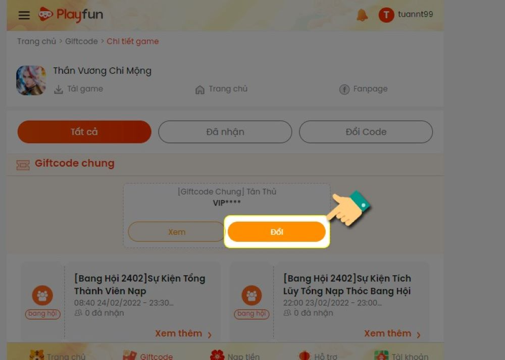 Chọn Đổi nhằm quy thay đổi Giftcode 