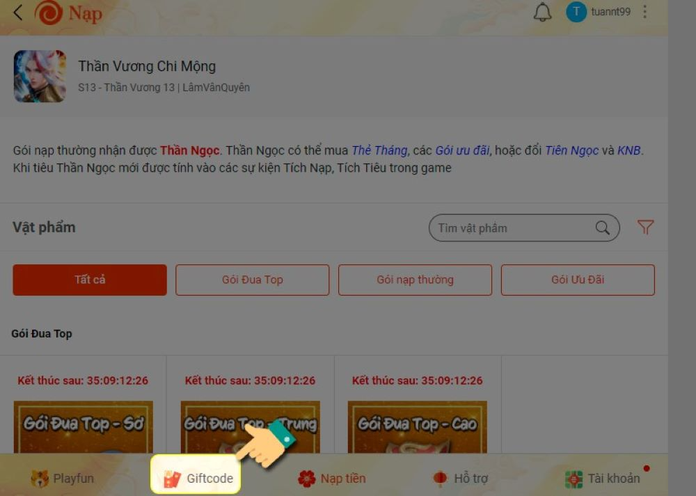 Bấm chọn Giftcode