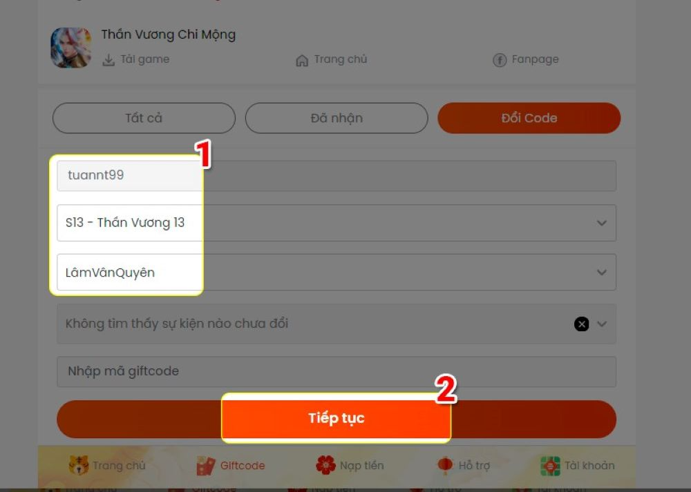 Chọn nhân vật và máy chủ
