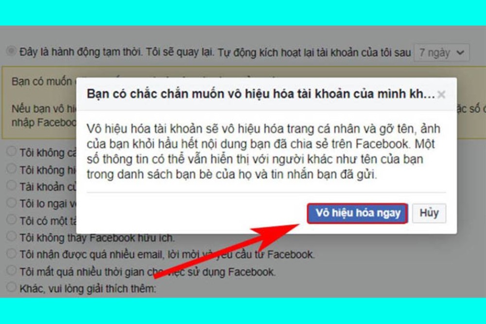 Xác nhận vô hiệu hóa ngay để khóa trang cá nhân Facebook 