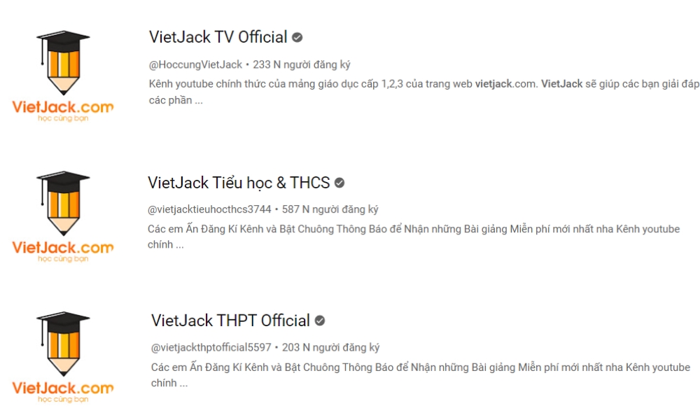 Hệ thống kênh youtube Vietjack