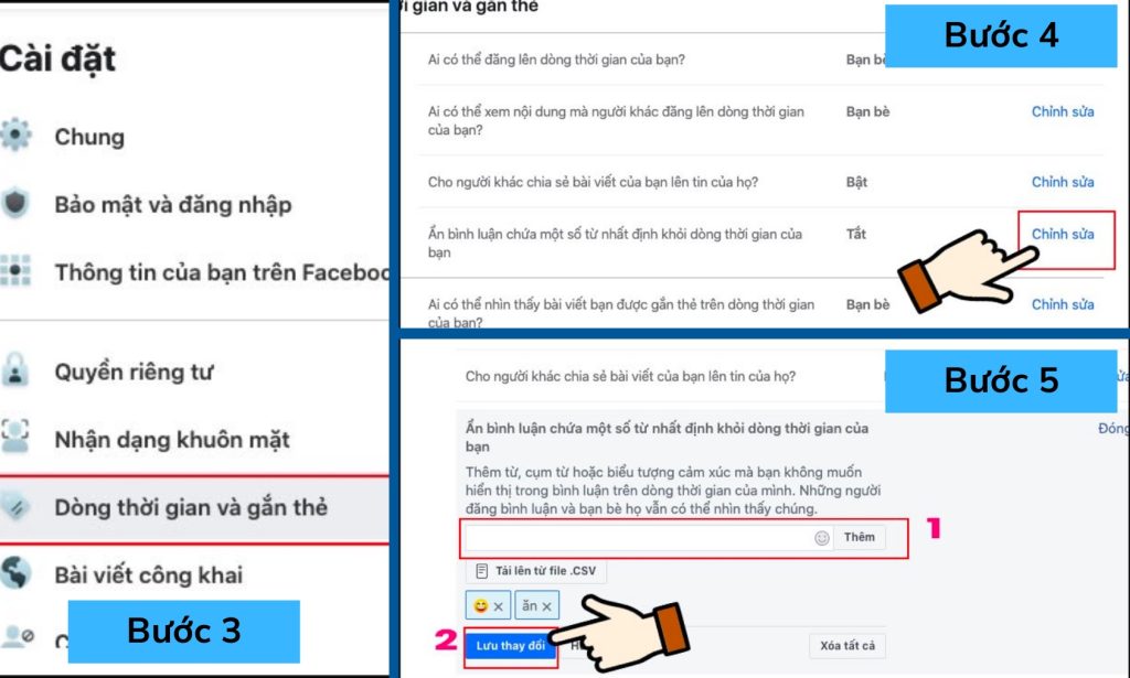 Hướng dẫn cách ẩn bình luận bằng từ khóa bước 3, 4 và 5