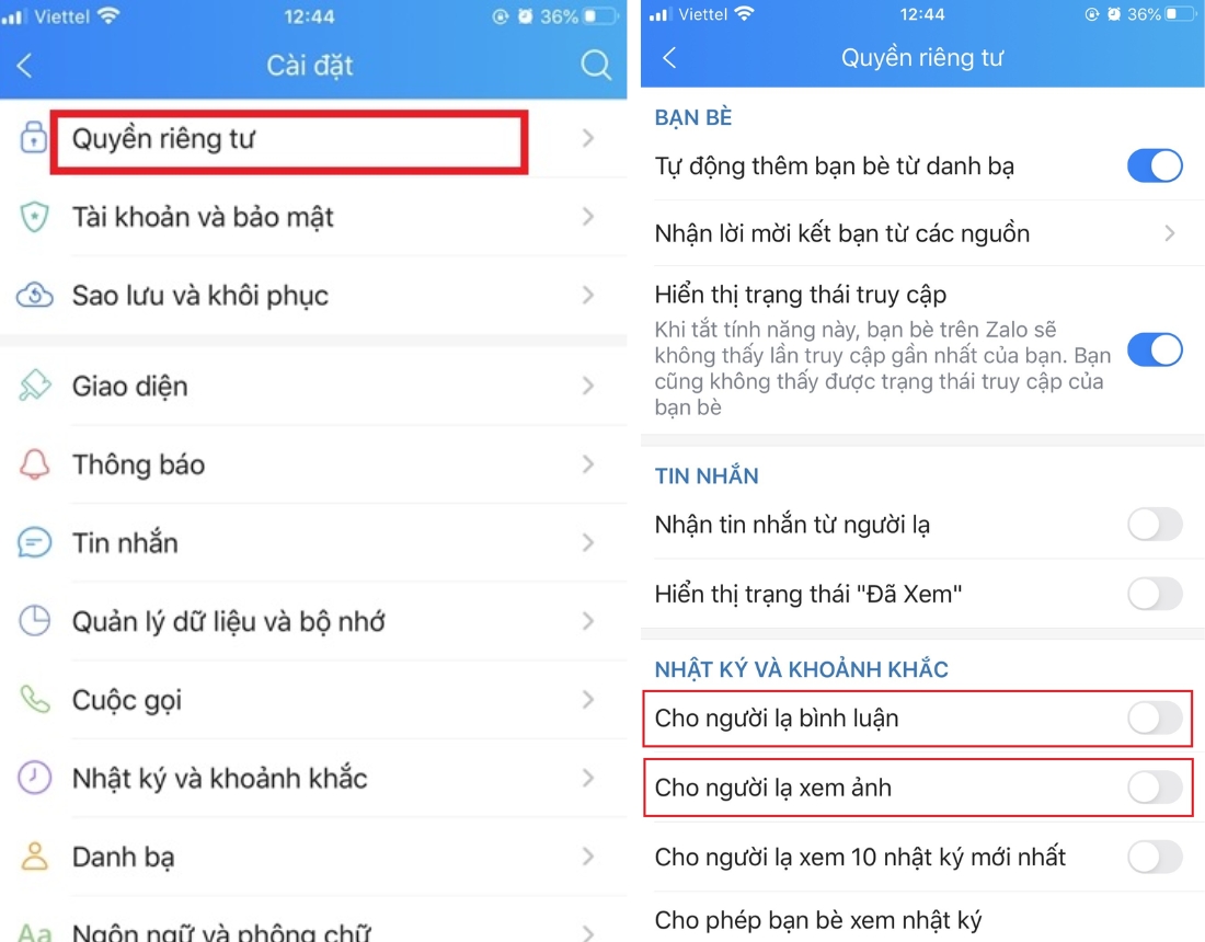 Truy cập quyền riêng tư trong mục cài đặt và tùy chỉnh cho người lạ xem ảnh