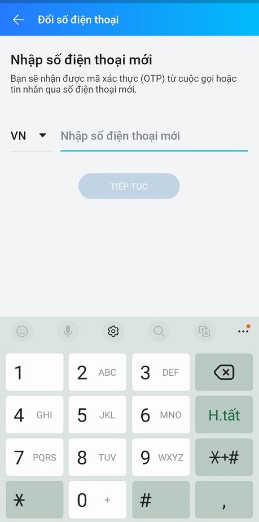 Nhập số điện thoại mới cần đổi vào mục nhập số điện thoại