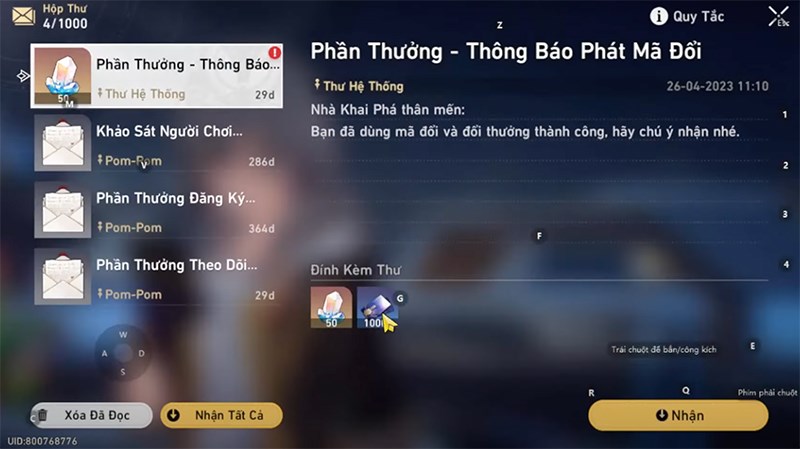 Kiểm tra hộp thư xem quà của bạn đã được chuyển đến bởi hệ thống chưa