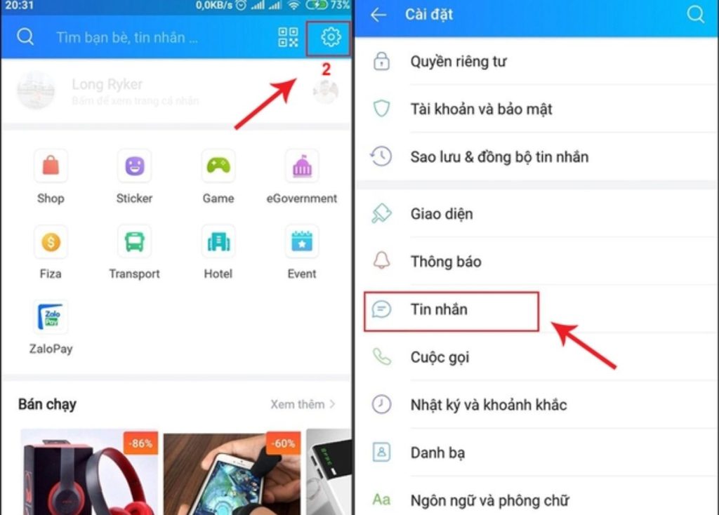 Vào giao diện cá nhân, click vào biểu tượng Cài đặt và chọn Tin nhắn