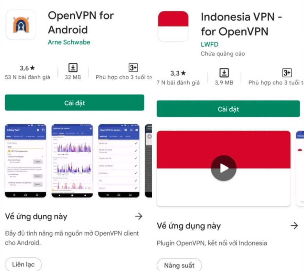 Tải hai ứng dụng "OpenVPN for Android" và "Indonesia VPN - Plugin for OpenVPN"