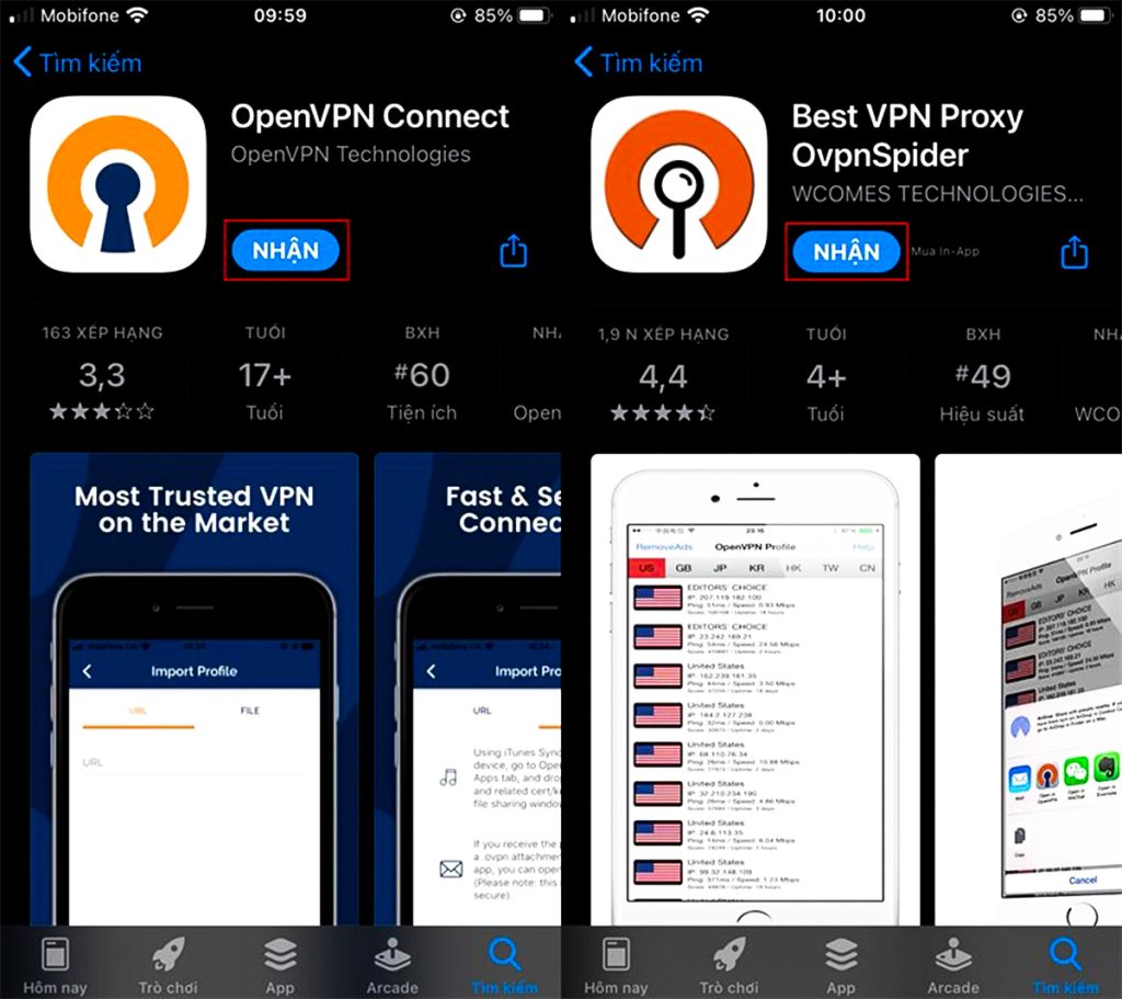 Tải hai ứng dụng "OpenVPN Connect" và "Best VPN Proxy OvpnSpider"