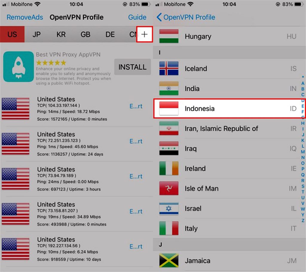 Mở ứng dụng "Best VPN Proxy OvpnSpider", sau đó chọn “Indonesia”