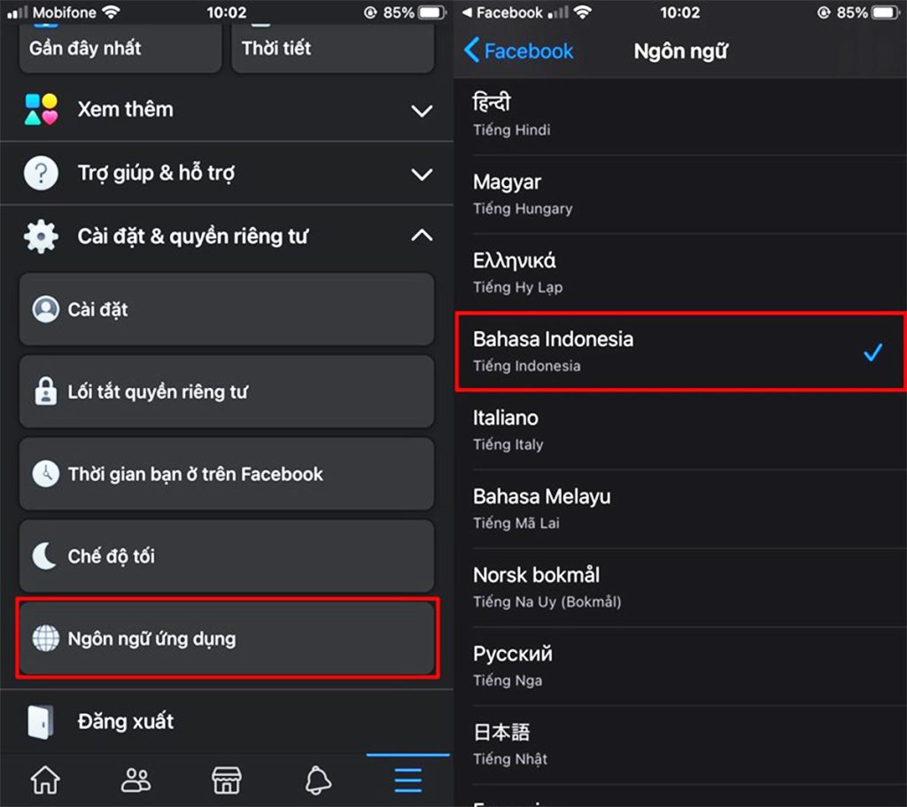 Chọn "Ngôn ngữ" và chọn "Bahasa Indonesia"