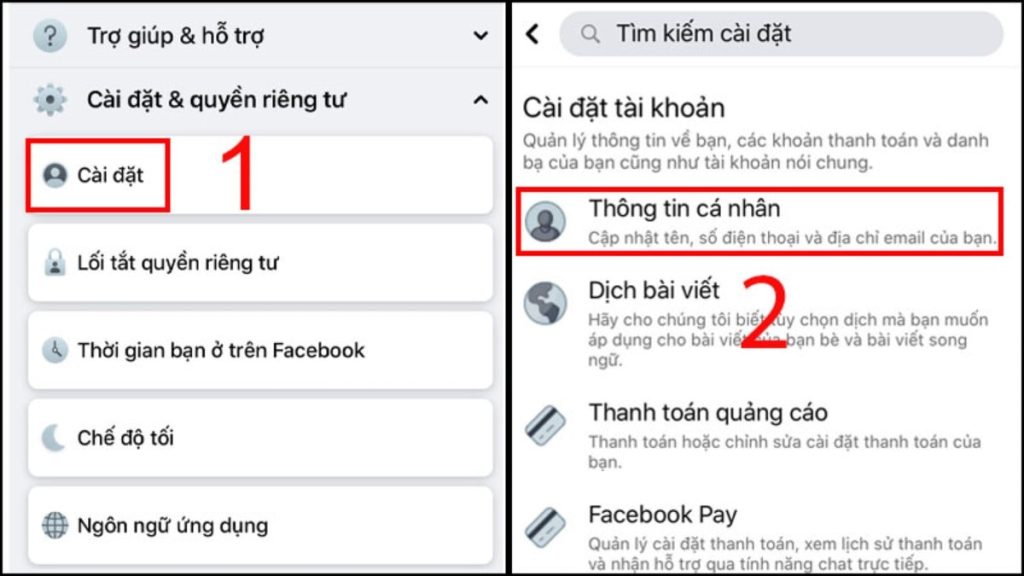 Tiếp tục chọn cài đặt và vào thông tin cá nhân để chỉnh sửa