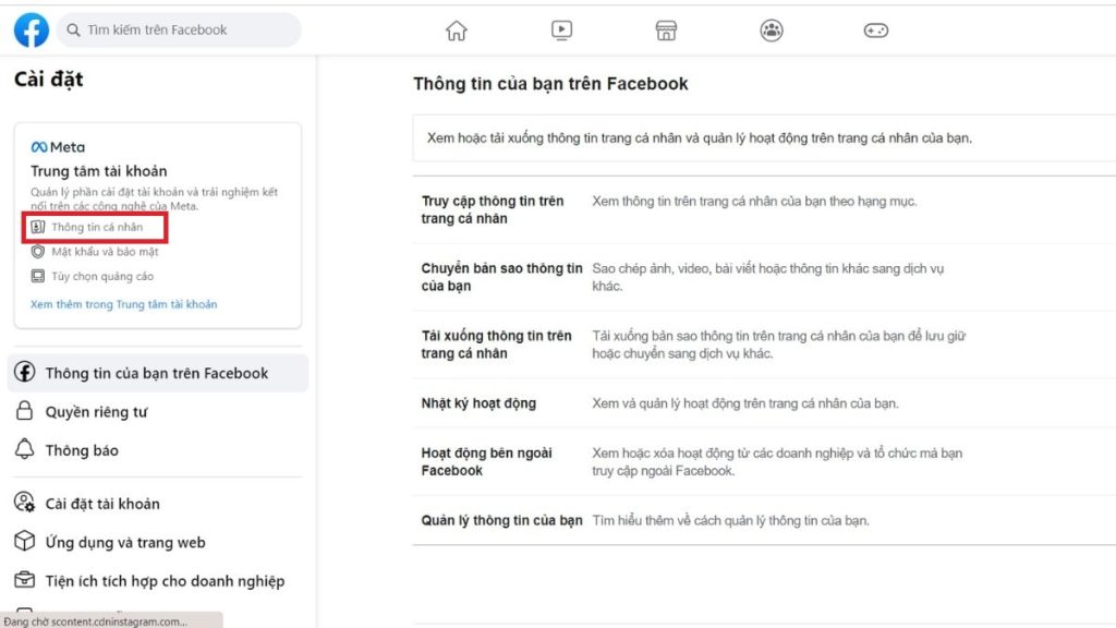 Chọn thông tin cá nhân trong khu vực meta