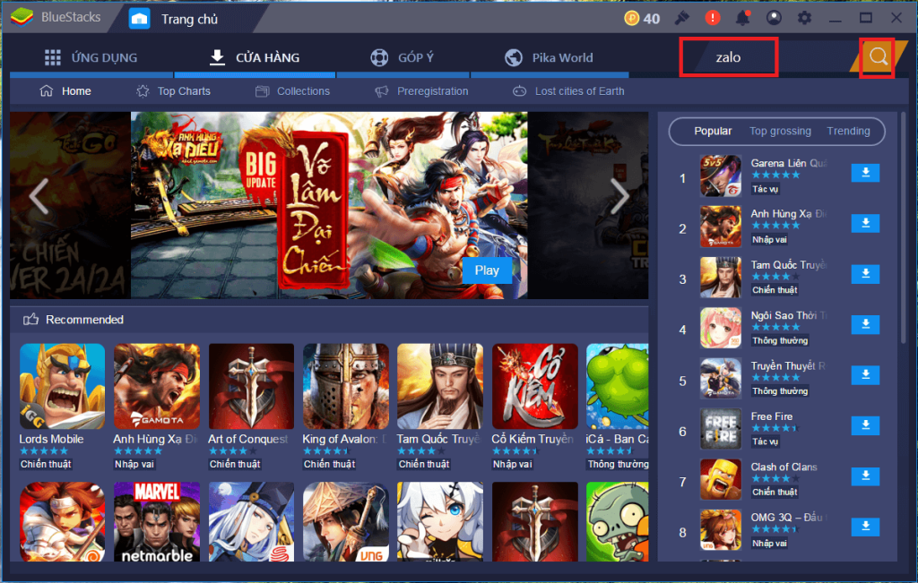 Giao diện khi tải game từ Bluestacks