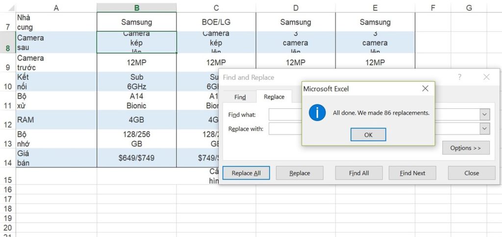 Tính năng Find & Replace trong Excel