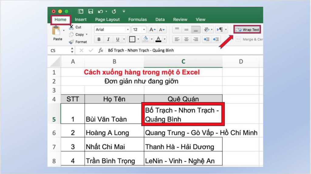 Wrap Text cũng là cách ngắt dòng hiệu quả được nhiều người áp dụng