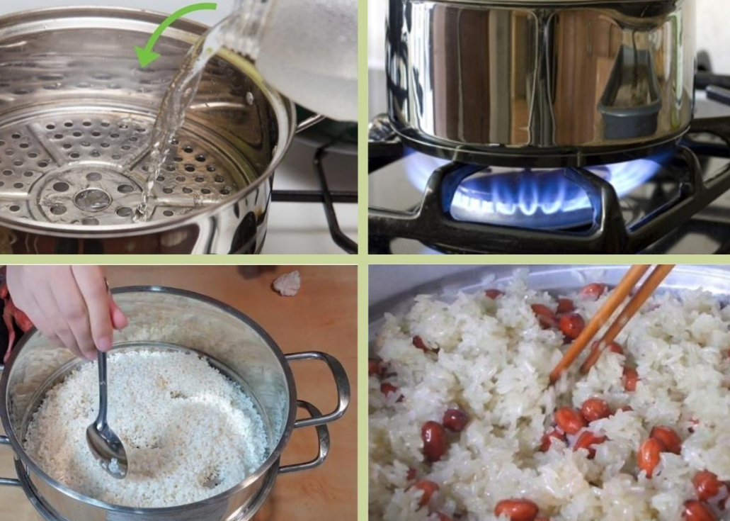 Cách nấu xôi đậu phộng lá dứa bằng xửng hấp