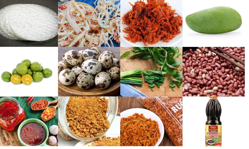nguyên liệu thực hiện bánh tráng trộn