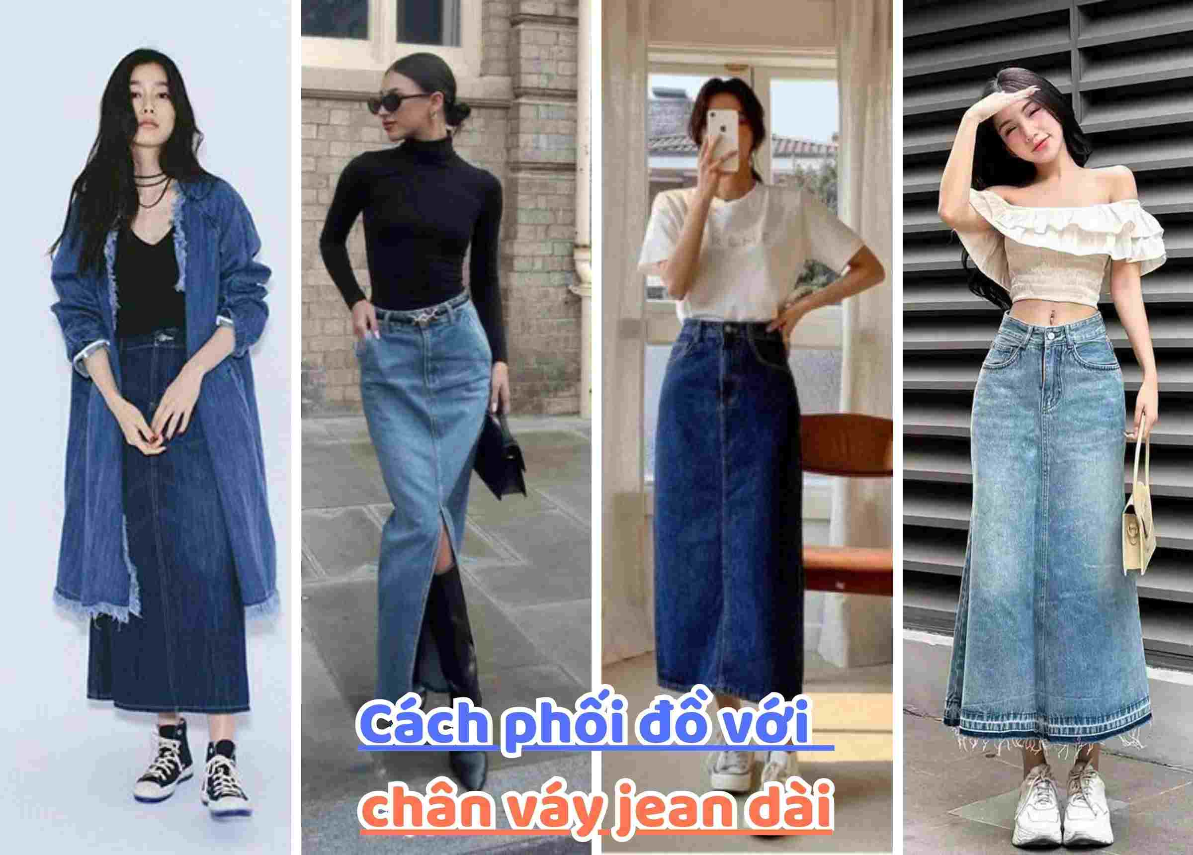 váy jean dài mặc với áo gì