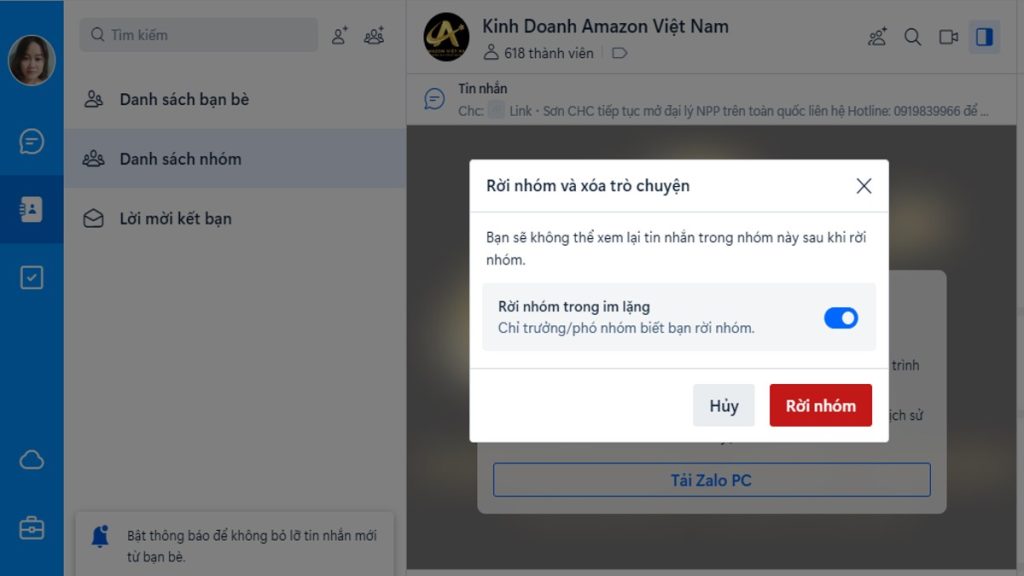 Chọn vào tùy chọn rời nhóm trong im lặng rồi chọn rời nhóm