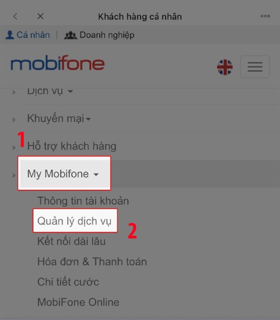 Chọn My Mobifone rồi vào phần Quản lý dịch vụ