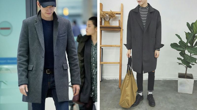 Phối áo măng tô nam xám + quần baggy đen + giày martin