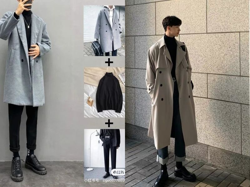 Phối áo măng tô nam xám + quần baggy đen + giày martin