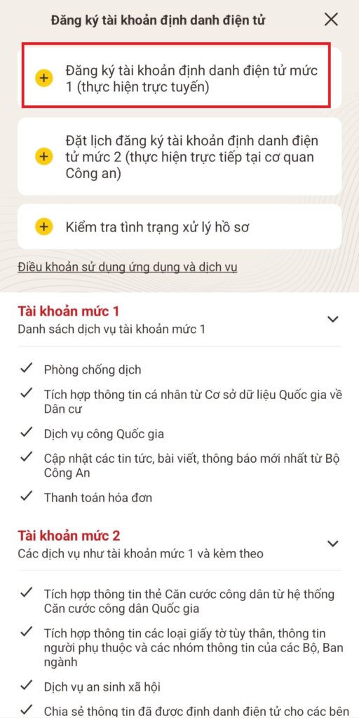 Đăng ký tài khoản định danh mức 1