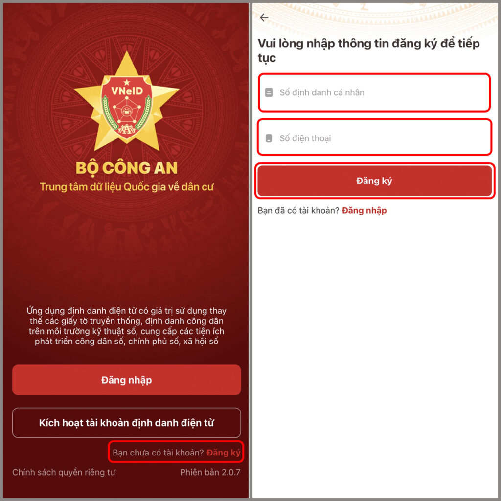 Mở ứng dụng VNeID và chọn “Đăng ký”