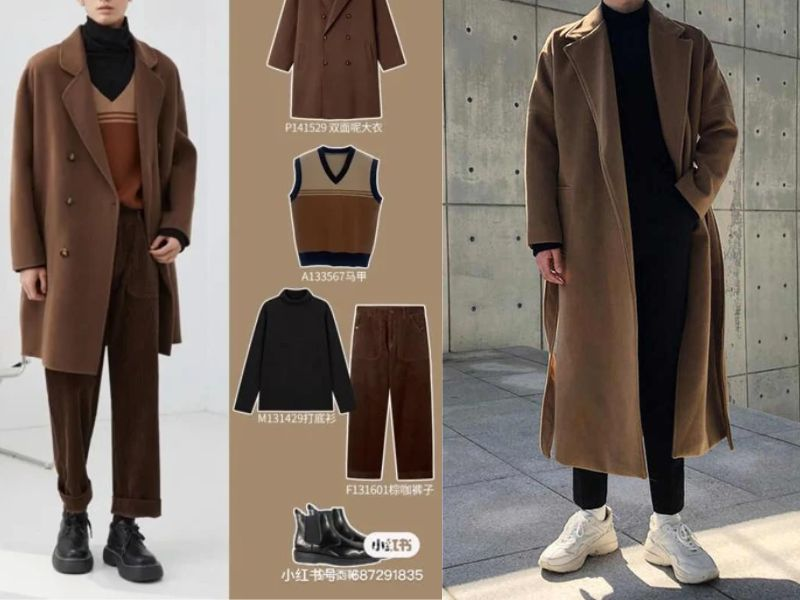 Phối áo măng tô nam dạ nỉ nâu + áo len cổ lọ đen + áo len gile cổ tim + quần nhung tăm