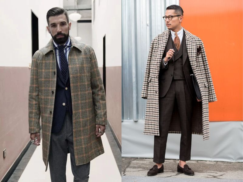 Phối áo măng tô nam kẻ cổ bẻ + bộ suit lịch lãm
