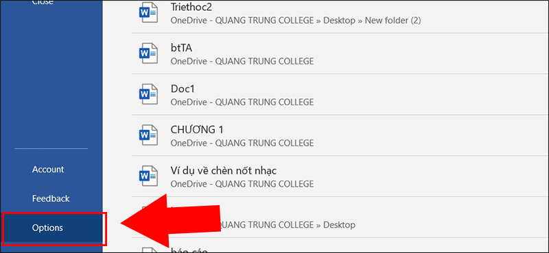Chọn mục options