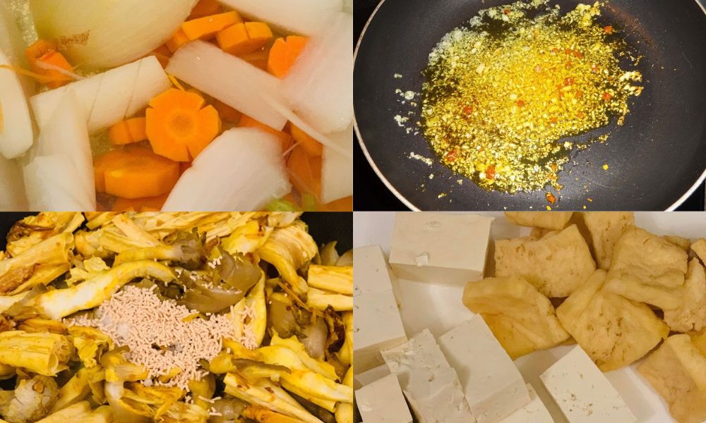 xào nguyên liệu nấu mì quảng chay