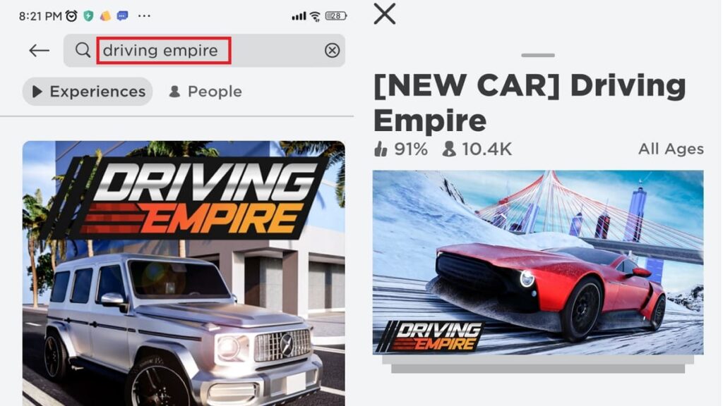 Tìm kiếm chế độ chơi Driving Empire bằng thanh tìm kiếm ở giao diện chính của Roblox
