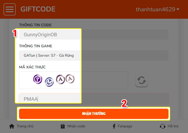 Điền thông tin mã code 