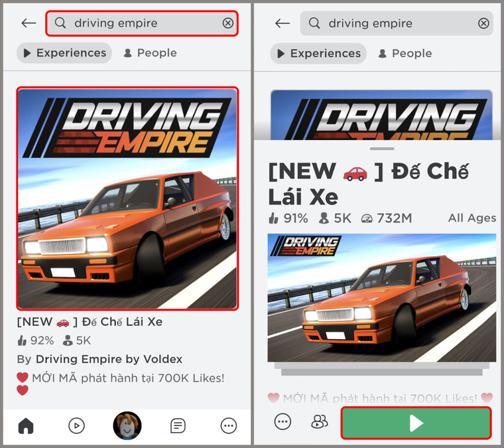 Dùng thanh tìm kiếm tại giao diện chính của Roblox để tìm Driving Empire và nhấp vào để bắt đầu chơi