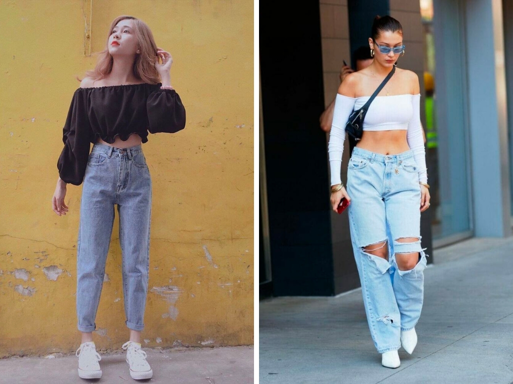Áo trễ vai với quần baggy