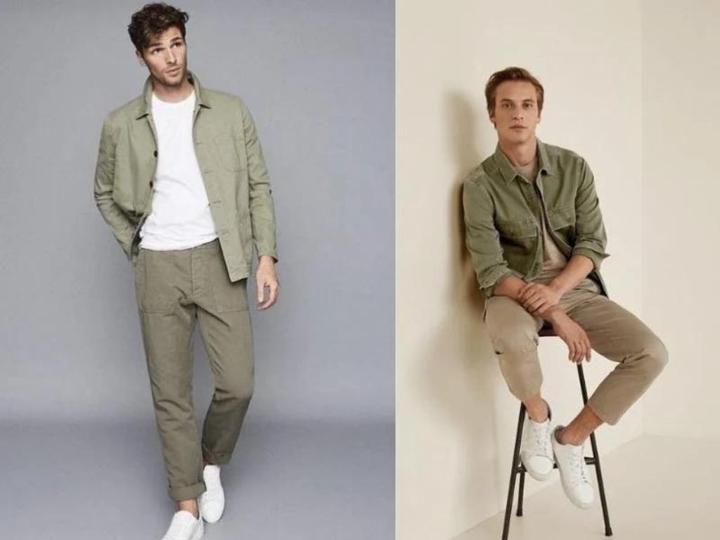 Áo sơ mi xanh mix cùng quần kaki be cho nam giới mệnh Hỏa
