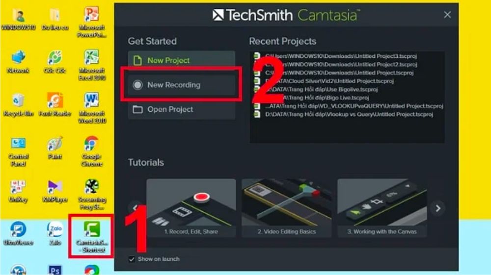 Chọn New Recording để quay video màn hình bằng phần mềm Camtasia