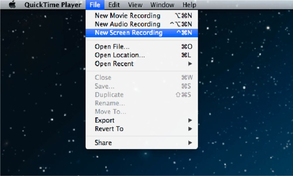 Chọn File - New Screen Recording trên thanh menu để mở QuickTime Player 