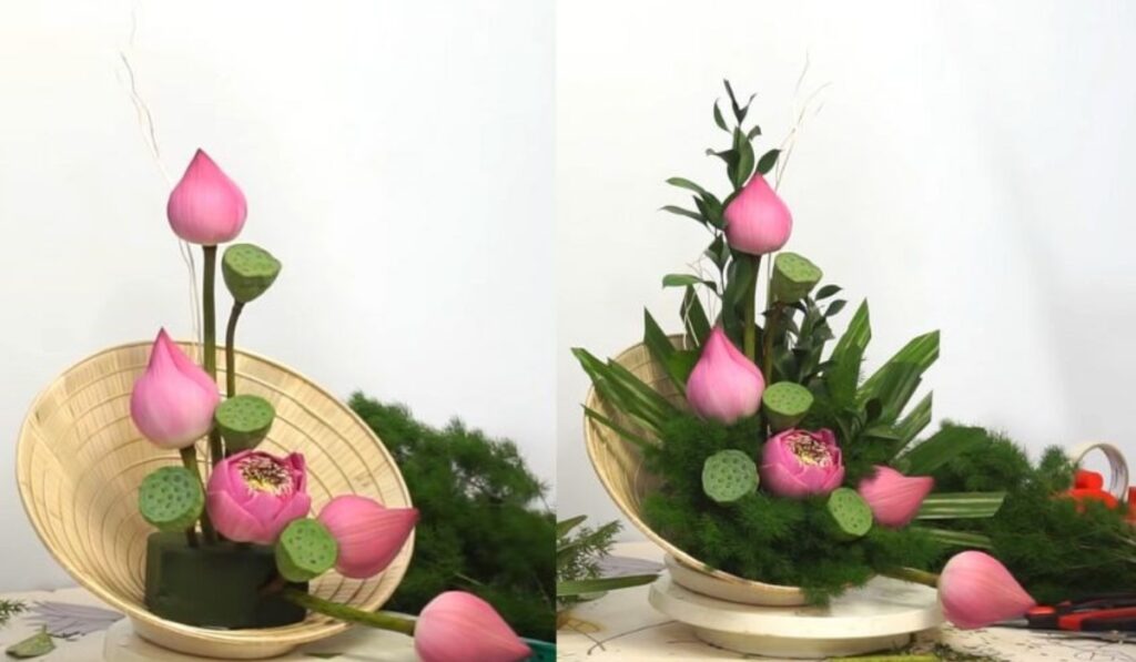 Cắm hoa sen hình chữ S với nón lá
