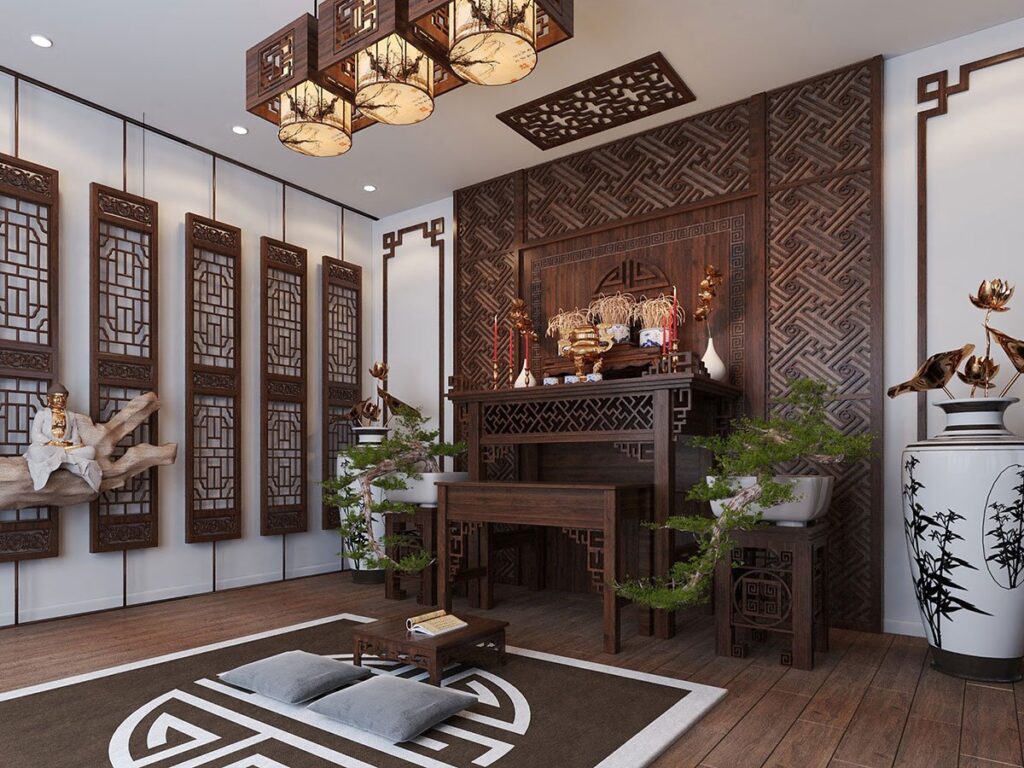 Mẫu bàn thờ cúng ông Táo đặt trong phòng khách được làm bằng gỗ sang trọng