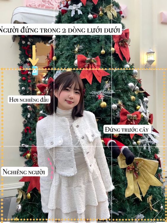 Tạo dáng đứng bên cây thông