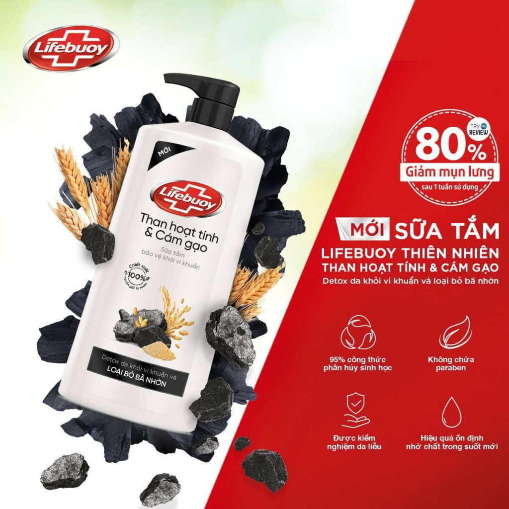 Sữa tắm trị mụn lưng detox Lifebuoy với than hoạt tính và cám gạo