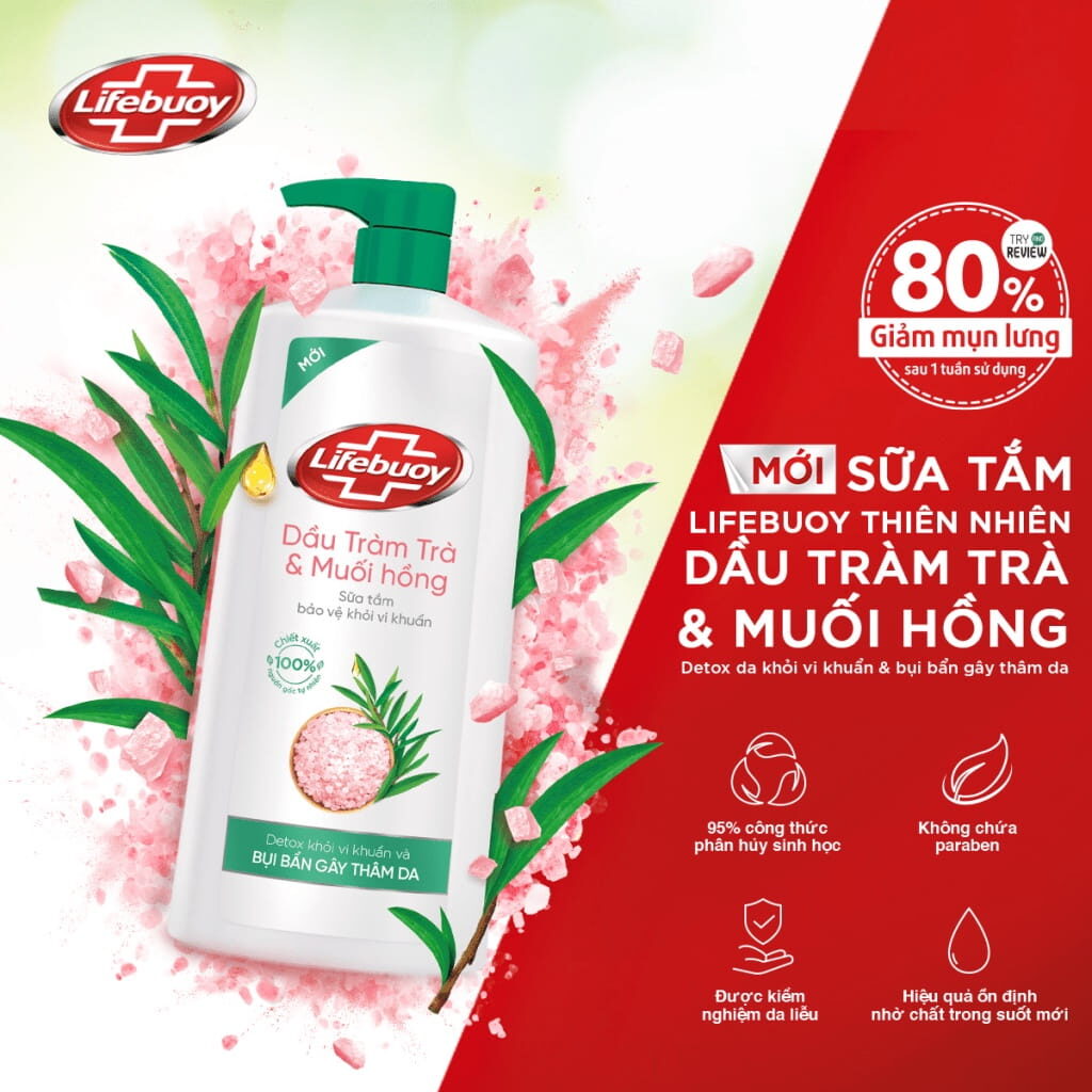 Sữa tắm trị mụn lưng Lifebuoy Detox Dầu Tràm Trà & Muối Hồng