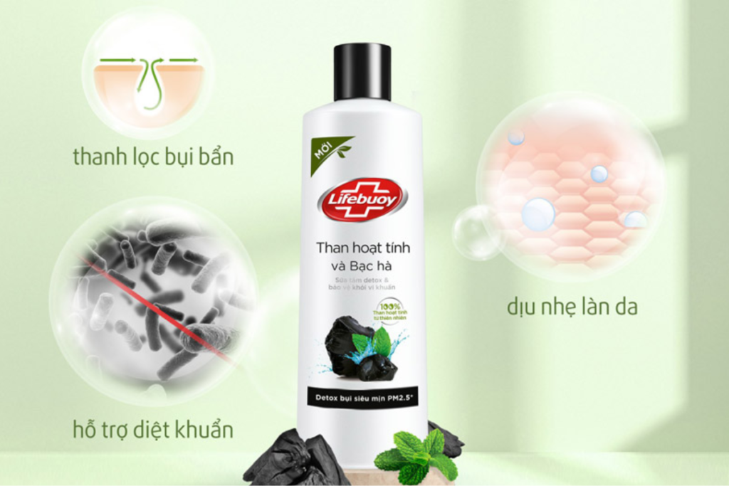Sữa tắm trị mụn lưng Lifebuoy Detox Than Hoạt Tính & Cám Gạo