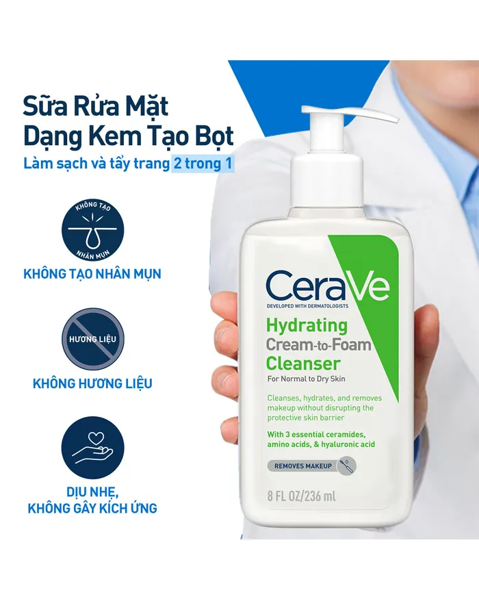 Sữa rửa mặt Cerave Hydrating Cream-to-Foam Cleanser