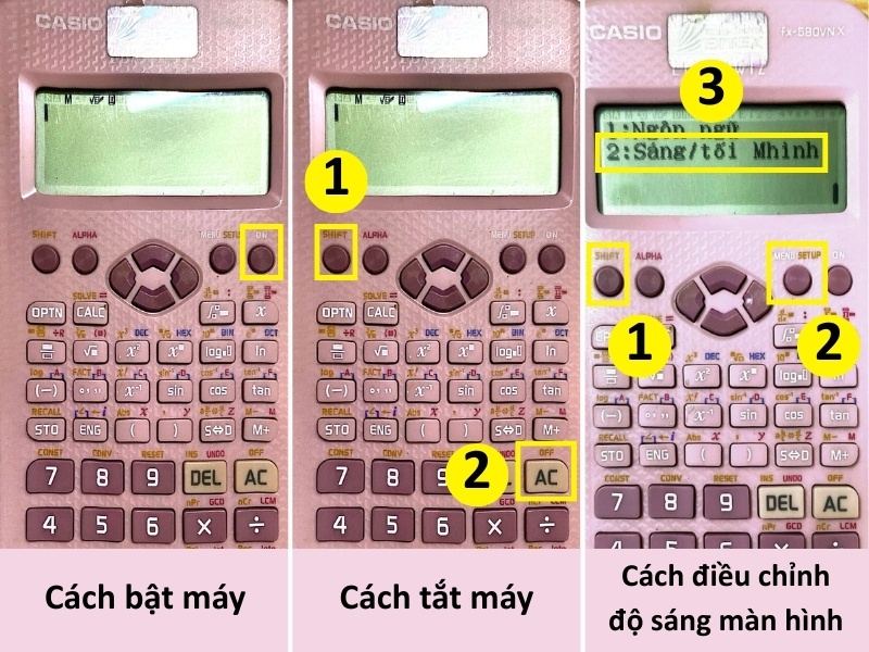 Khởi động, tắt máy và điều chỉnh độ sáng màn hình