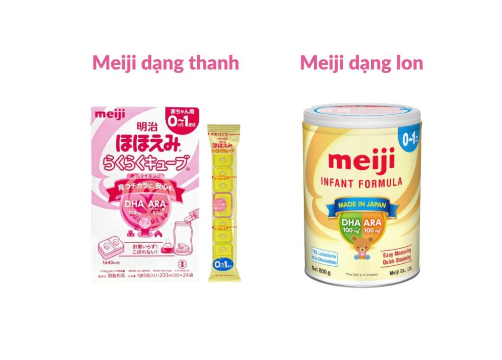 Phân loại sữa Meiji theo quy cách đóng gói gồm dạng thanh và dạng lon